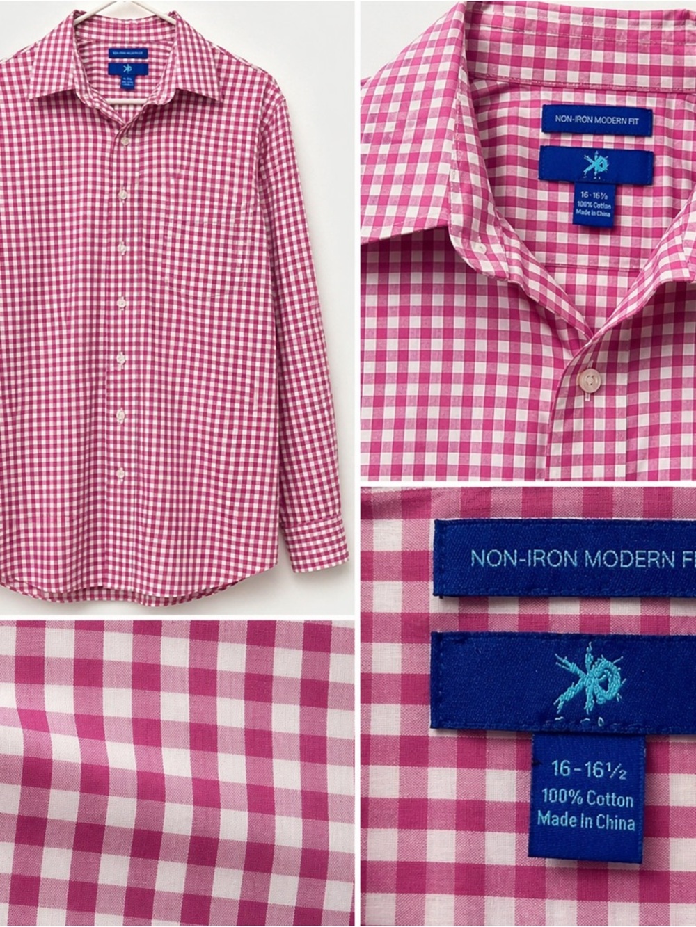 Pink Gingham Non Iron Modern Fit Button Down Shirt 16 16.5
